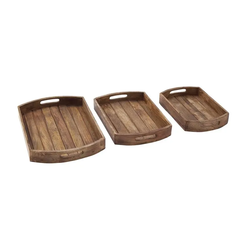 

Classy, 3Pcs 16" x 19" Light Brown Mango Wood Tray with Slot Handles for Serving Snacks, Organizing, and Storing.