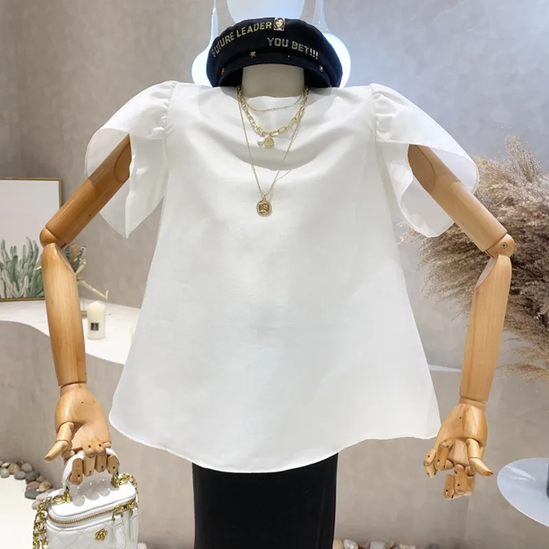 

New Women's Clothing 2022 Summer High sense round neck bud sleeve pearl Ruffle loose short sleeve shirt top blusas