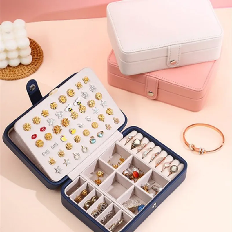 Fine Durable Portable Ear Studs Ring Necklace Travel Earring Detachable PU Leather Double Layer Partition Design Jewelry Box