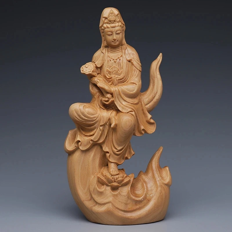 

Solid Wood Flame Guanyin Statue Chinese Buddha Statue Ornaments Carving Crafts Home office decorator ornaments 15cm