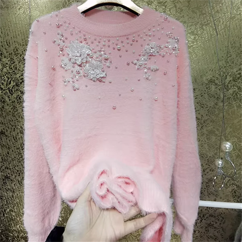 

Розовый Блестящий бриллиантовый дизайн ногтей трехмерный цветок плюшевое теплое вязаное пальто женский модный топ