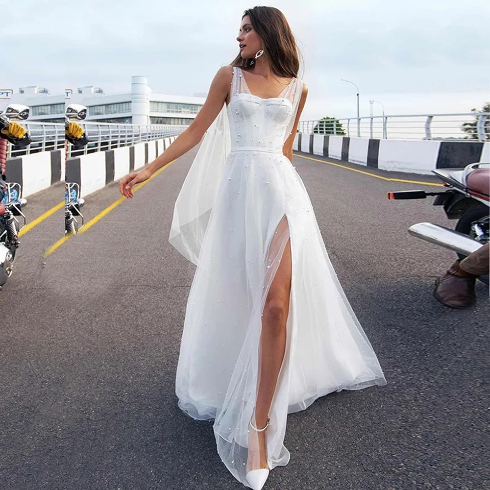 

Unique Side Split Pearls Wedding Dress Sweetheart A Line Sleeveless Bridal Gown Lace Up Back Sweep Train Vestido De Novia