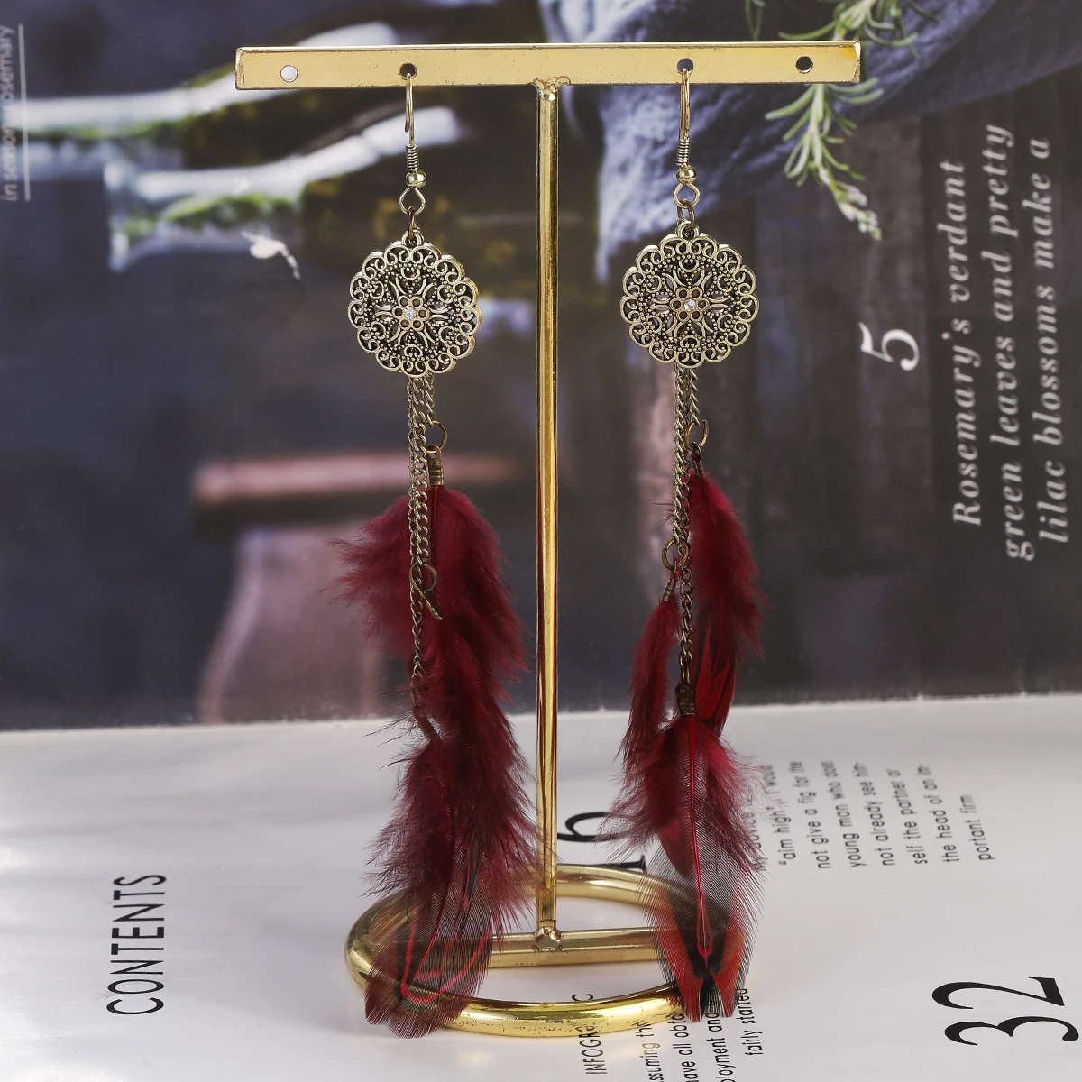 Серьги с зелеными перьями в богемном стиле ретро антикварные полые длинные