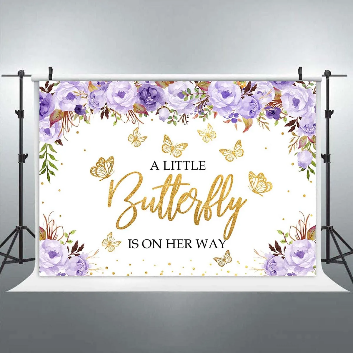 

A Little Butterfly is On The Way Baby Shower Backdrop Purple Gold Floral Dots Girls Princess Photography Background Party Banner