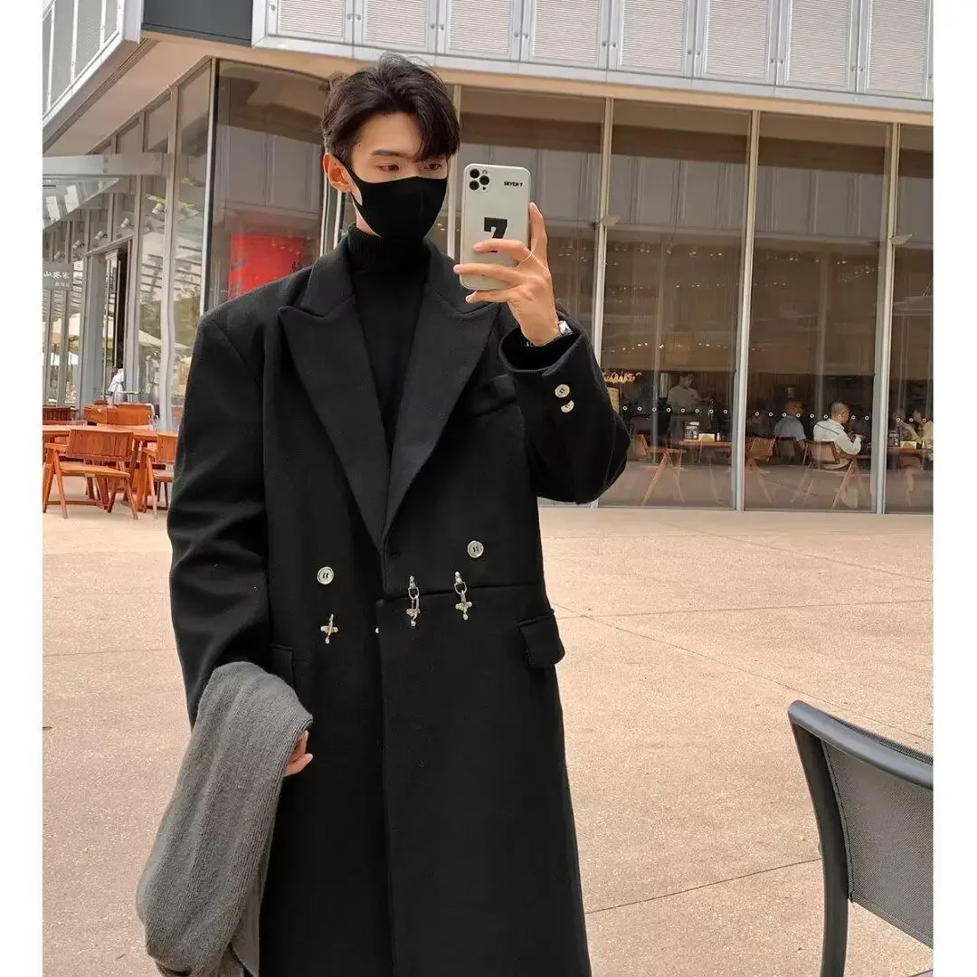 Модное шерстяное пальто с металлической пряжкой в Корейском стиле