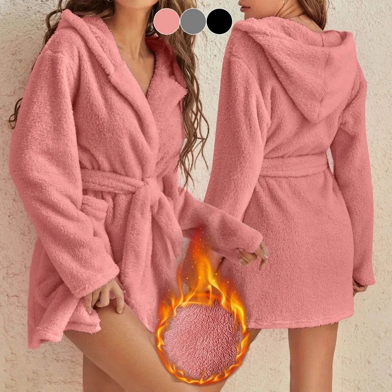 Женский фланелевый Халат с капюшоном зимний теплый флисовый | Женская одежда