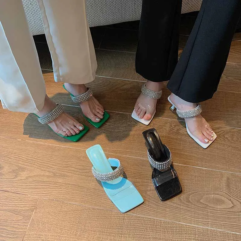 

Open Toe Women Slippers Thin Mid Heels Black White Green Blue Rhinestone Chain Transparent Casual Outdoor Slides Mules Shoes 39