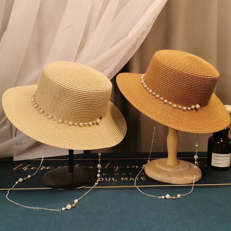 

Vintage Pearl Chain Flat Top Straw Hat Elegant Straw Shade Sun Protection Straw Hat Big Brim Hat Elegant Top Hat Women Sunhat