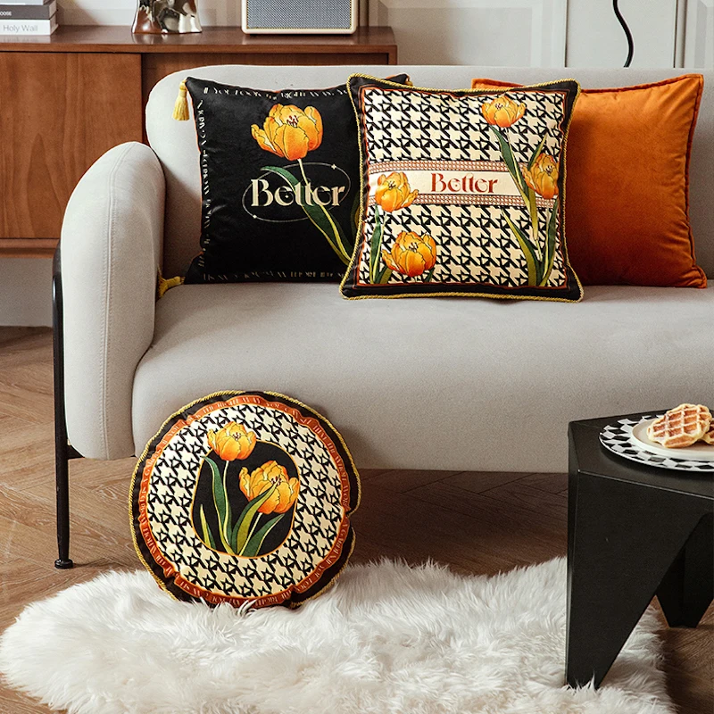 

DUNXDECO Vintage Black Color Tulip Print Cushion Cover Decorative Pillow Case Retro Luxury Velvet Tassel Art Home Sofa Bedding