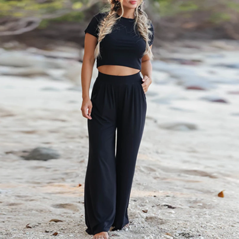 

Women 2022 Spring Solid Simple Two-piece Set Elegant O Neck Tops Pullover&Wide Leg Pants Suit Summer Short Sleeve Office Outfits