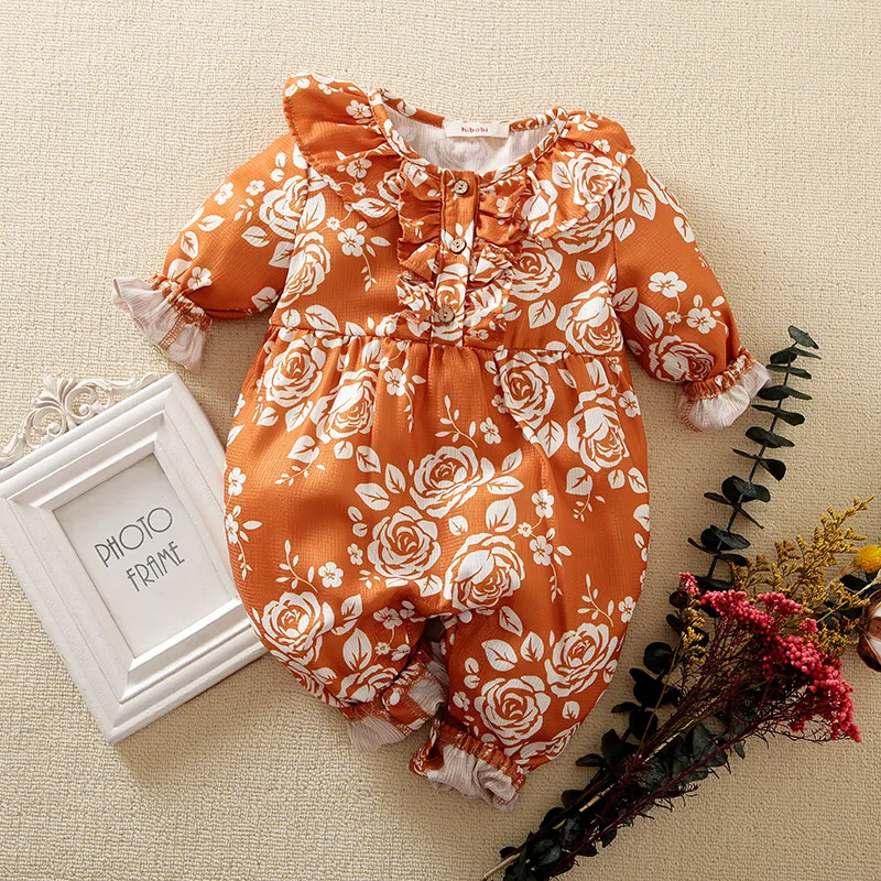 

hibobi Baby Girl Ruffle Floral Print Long Sleeve Jumpsuit Baby Romper Spring & Autumn Girls Cute Newborn Clothings