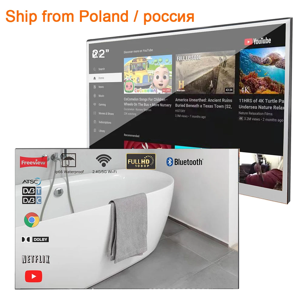 Souria 22 pulgadas Magic Mirror Smart LED TV para baño IP66 impermeable Android WiFi televisión almacén en Europa Rusia