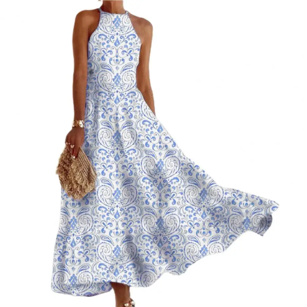 

Summer Casual Vintage Print Women Long Dress Casual Halter Printing Plus Size Large Hem Sling Dress Sleeveless Party Vestidos