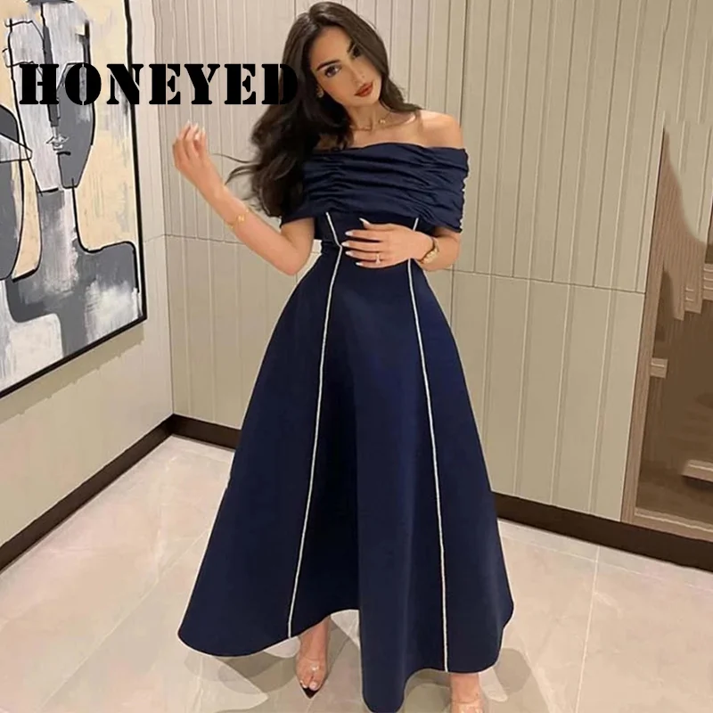

Honeyed Blue Musetta A Line Black Satin Evening Dresses 2023 Women Off The Shoulder Saudi Arabia Ankle Length Prom Dress Dubai