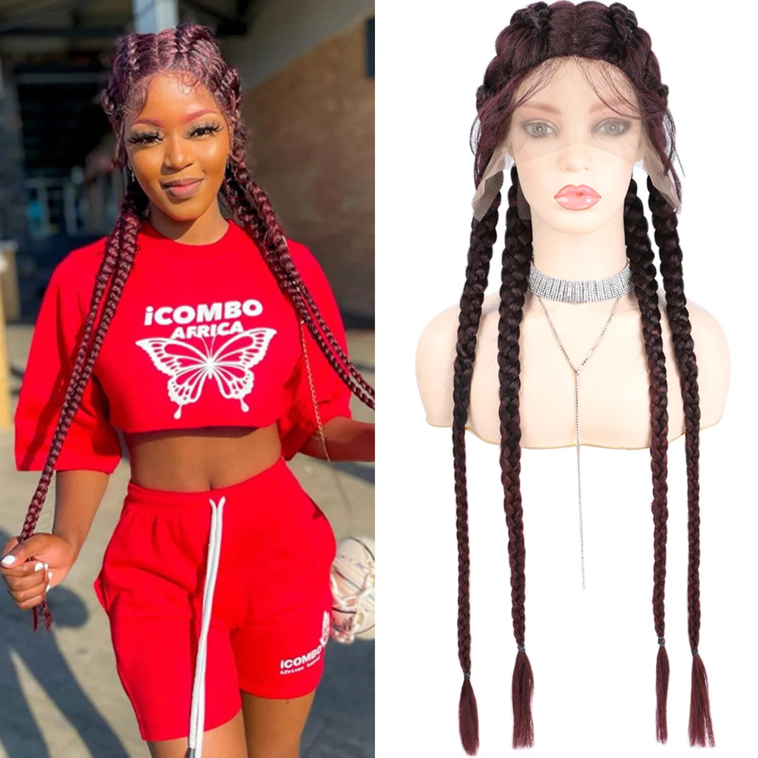 Belle Show 32 inches Braided Wigs Synthetic Lace Front Wig with Baby Hair Box Braid Wig For Black Women