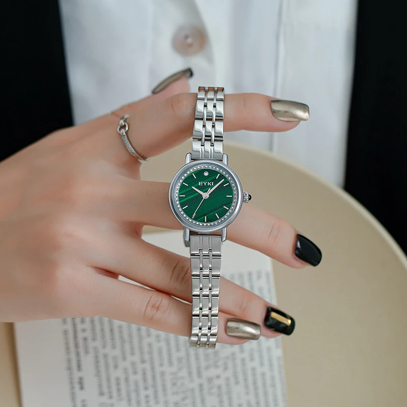 

New Women's Green Stainless Steel Quartz Watches Diamond Simple Style Ladies Watches Interchangeable Leather Strap Free Shipping