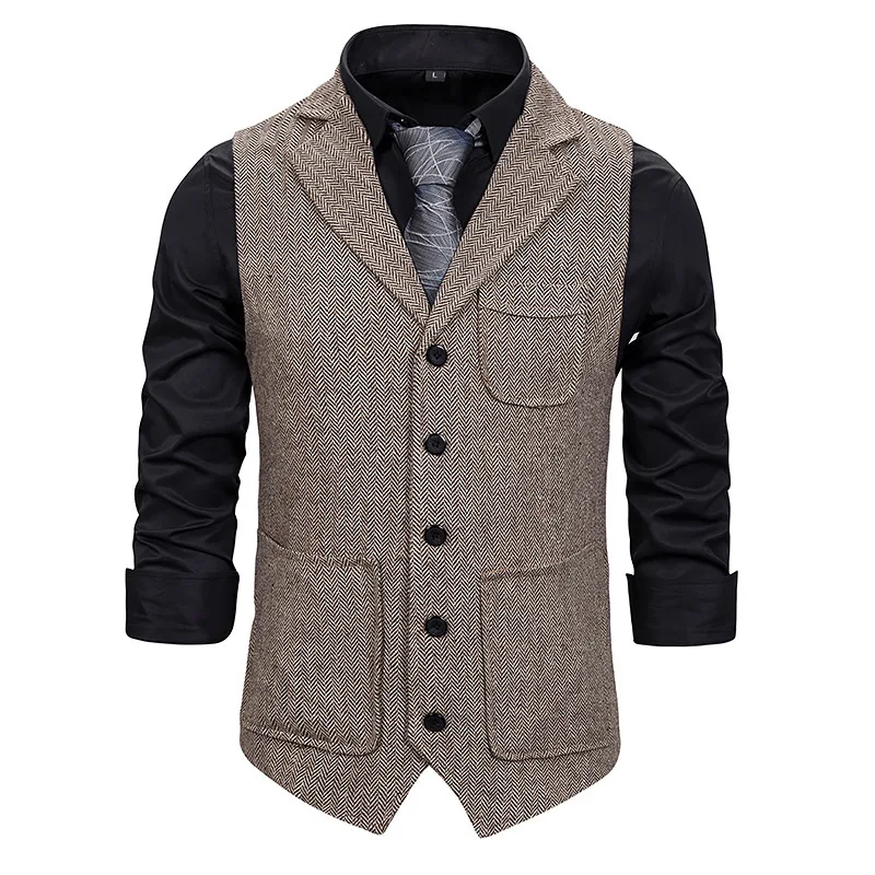 

New Herringbone Single-breasted Lapel Vest Men's Casual Business Suit Vest