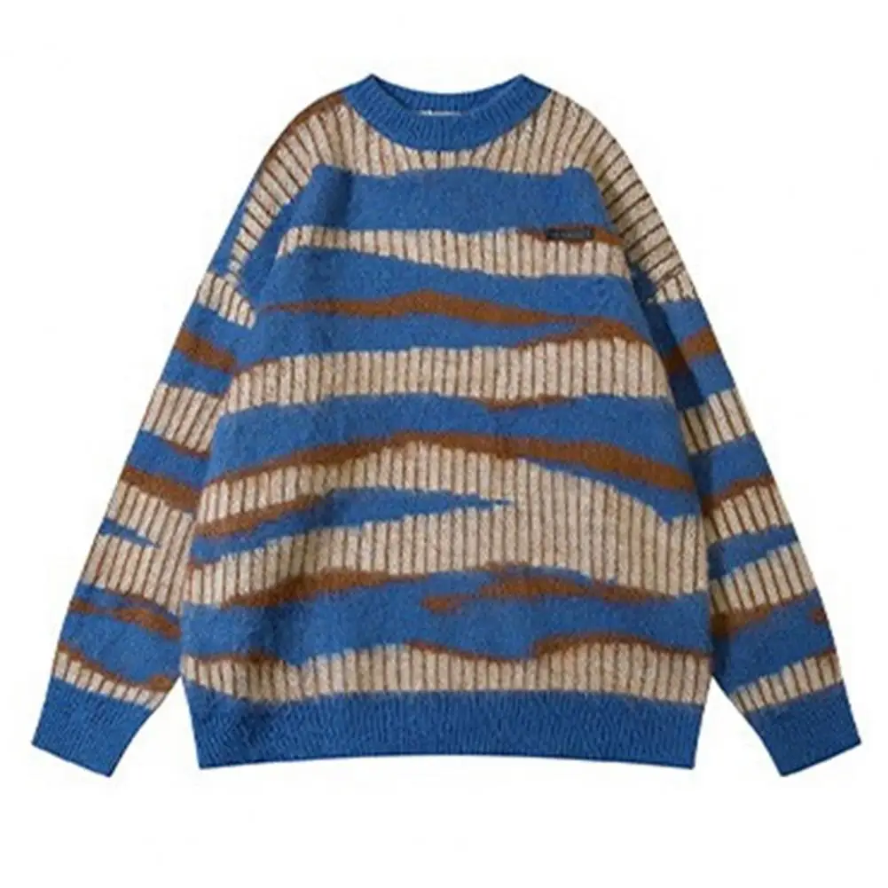 

Свитер в полоску унисекс, топ с круглым вырезом и длинным рукавом, зимний плотный теплый пуловер оверсайз для пары, топ, свитер