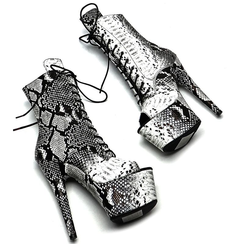 Leecabe  17CM/7inches Snake PU Upper  High Heel platform Boots Open  toe Pole Dance boots