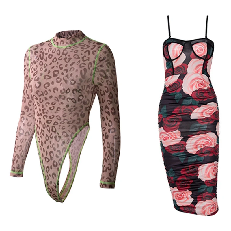 

Leopard Fluorescent Contrast Color Long-Sleeve One-Piece S & Sleeveless Slash Neck Floral Print Backless Maxi Dress