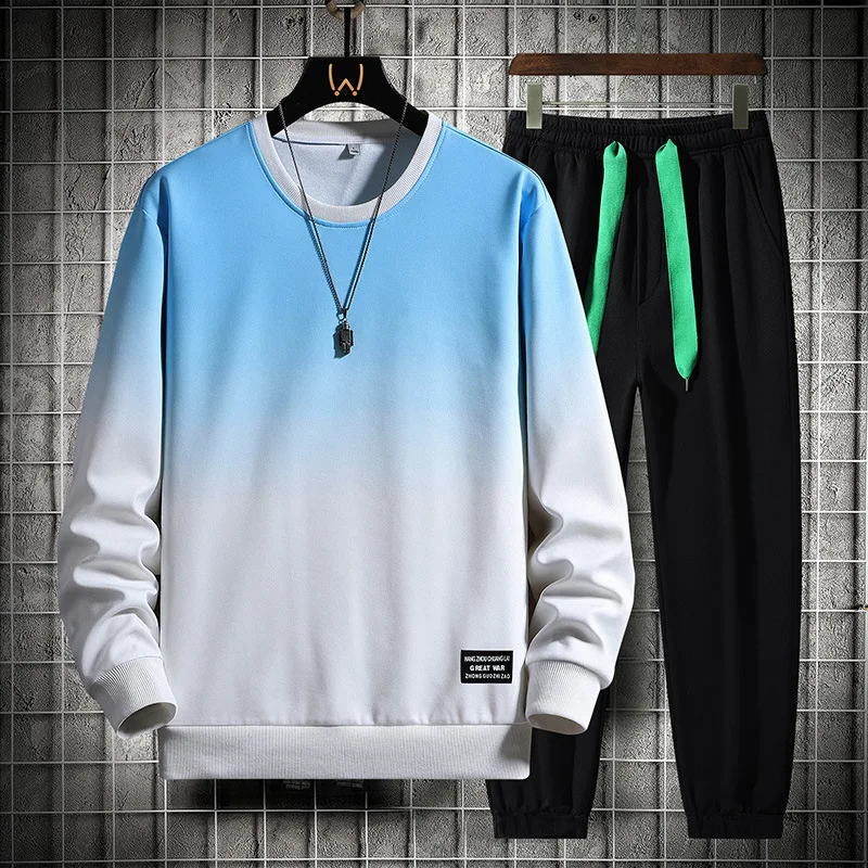Mens Casual Gradient Sportwear Fashion 2 Piece Set Patchwork Sweatshirt + Pants Loose Tracksuit Men Spring Jogging Sport Suits