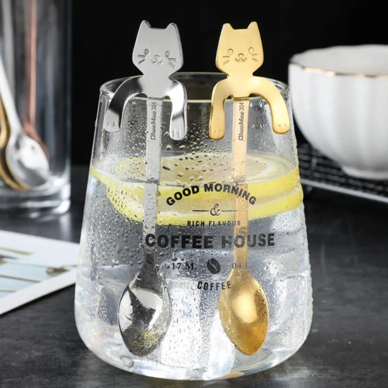 

Милая кофейная ложка в форме кошки, чайная ложка из нержавеющей стали, десертная ложка для закусок, мороженое, столовая посуда, кухонные инс...