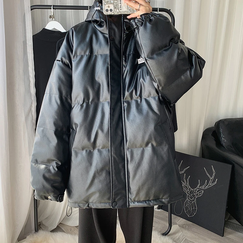 Winter Thickened Leather Jacket Men Warm Fashion Casual Hooded Leather Coat Men Streetwear Korean Loose Short Coat Mens Parker