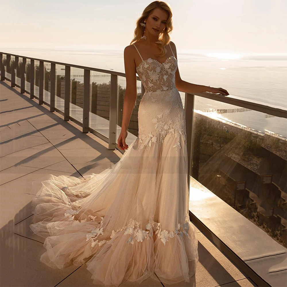 

Boho Wedding Dress With Spaghetti Straps Sweetheart Lace Mermaid Ruffle Open Back, Custom Color Wedding Dress
