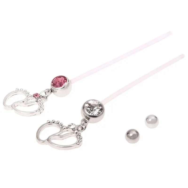 

2X Flexible Pregnancy Maternity Belly Navel Bar Ring Body Piercing Baby Feet Pink & White