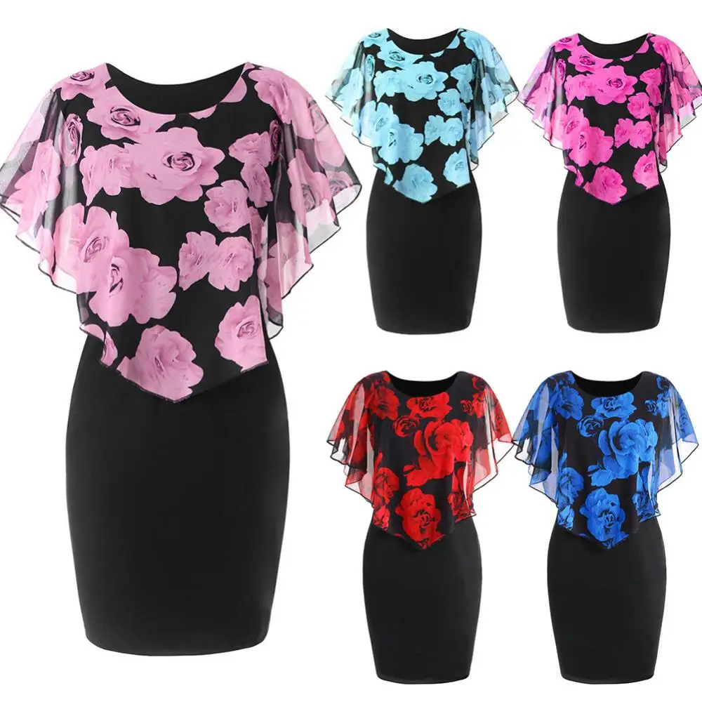 

Women Dress Plus Size Elegant Office Lady Rose Flower Print Cape Bodycon Knee Length Dress