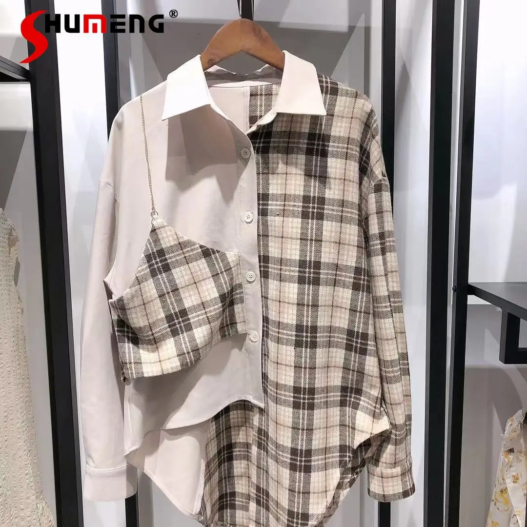 

Original 2022 Early Spring New Ladies Fashion Elegant Lapel Breasted Plaid Blusas Women's Stitching Fake Two Pieces Shirt Top