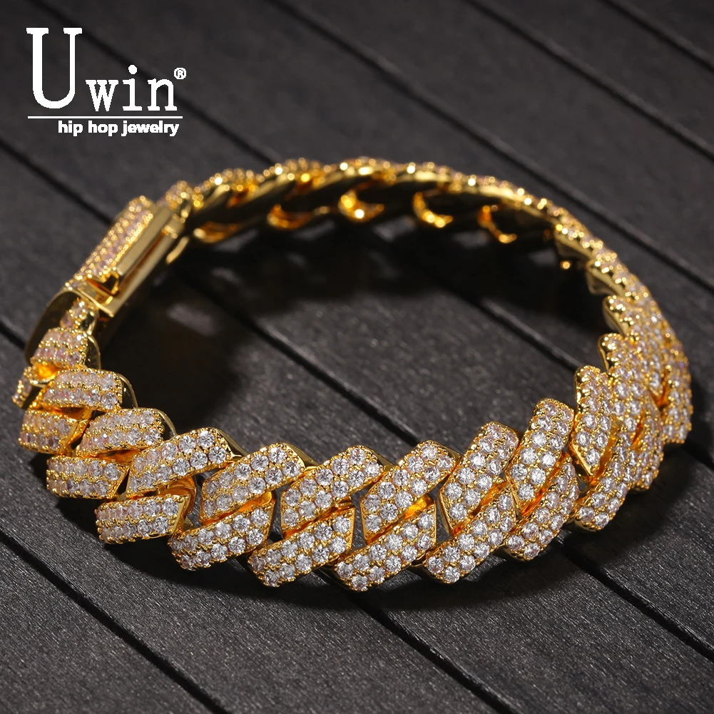 

Uwin Cuban Bracelet 13mm Copper 2Row form Curb Iced Out CZ Bracelet Gold Silver Color For Men Luxury Box Clasp Drop Shipping