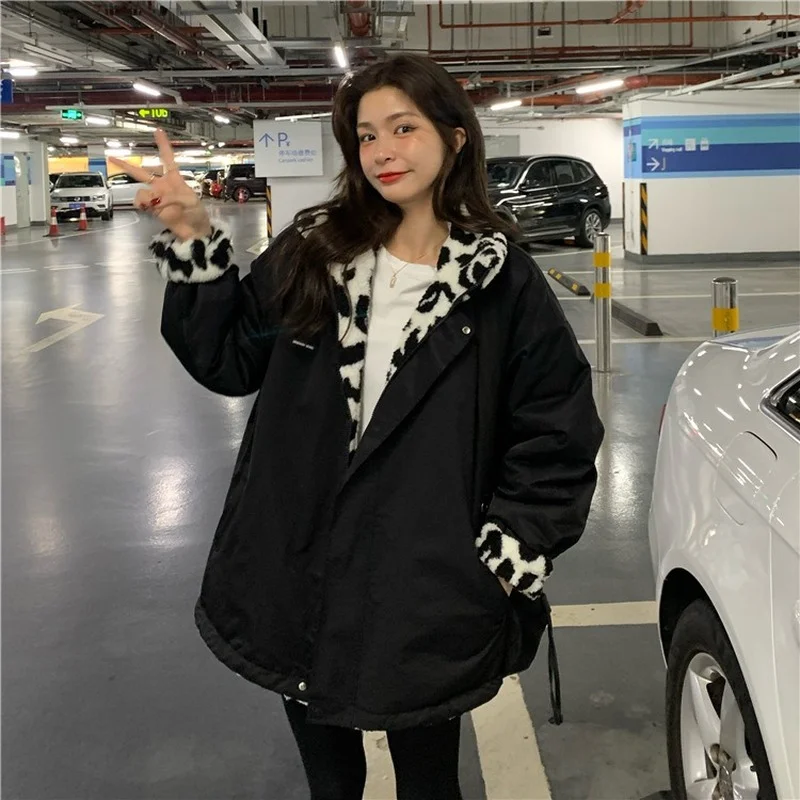 Cow Leopard Print Lapel Long-sleeved Fashion Coat Trend Faux Fur Double-sided Warmth 2022 Winter New Women's Jacket Cute Jacket