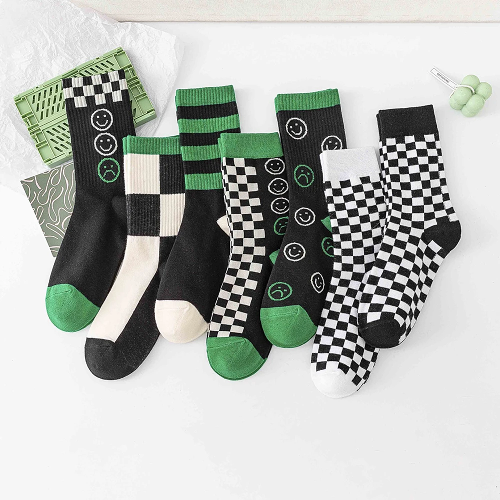 

Women Classic Black White Checkerboard Striped Plaid Socks Fashion Sport Streetwear Smile Expression Green Checkered Cotton Sock