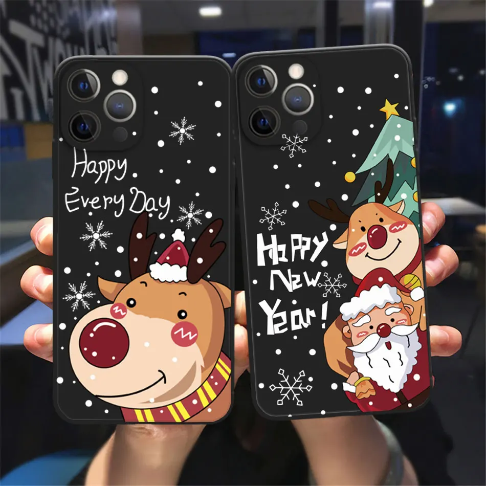 

Cute Christmas Santa Claus Elk Black Phone Cover For iPhone 11 12 13 14 Pro Max X XR XS Max 14Plus 13Mini Soft Silicone TPU Case