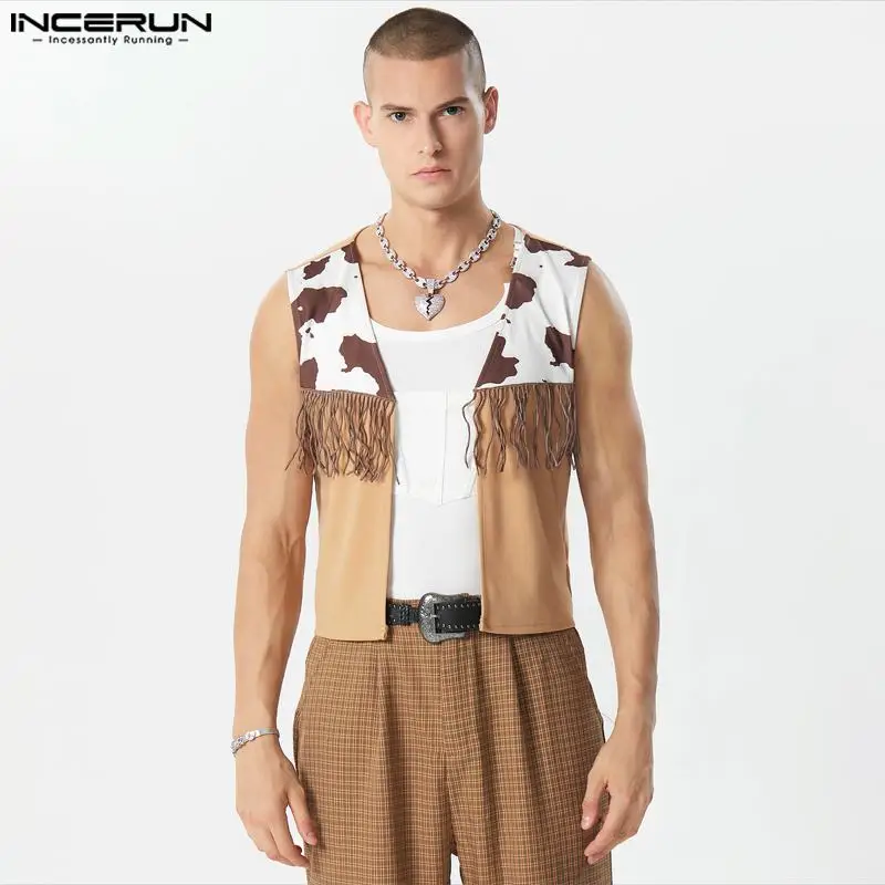 

INCERUN 2023 Men Vests Patchwork Tassel Sleeveless Open Stitch Waistcoats Men Streetwear Fashion Casual Male Crop Vests S-5XL