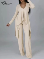 celmia women asymmetric pant sets long sleeve ruffles blouses and casual elastic waist wide leg trousers knitted two piece suits