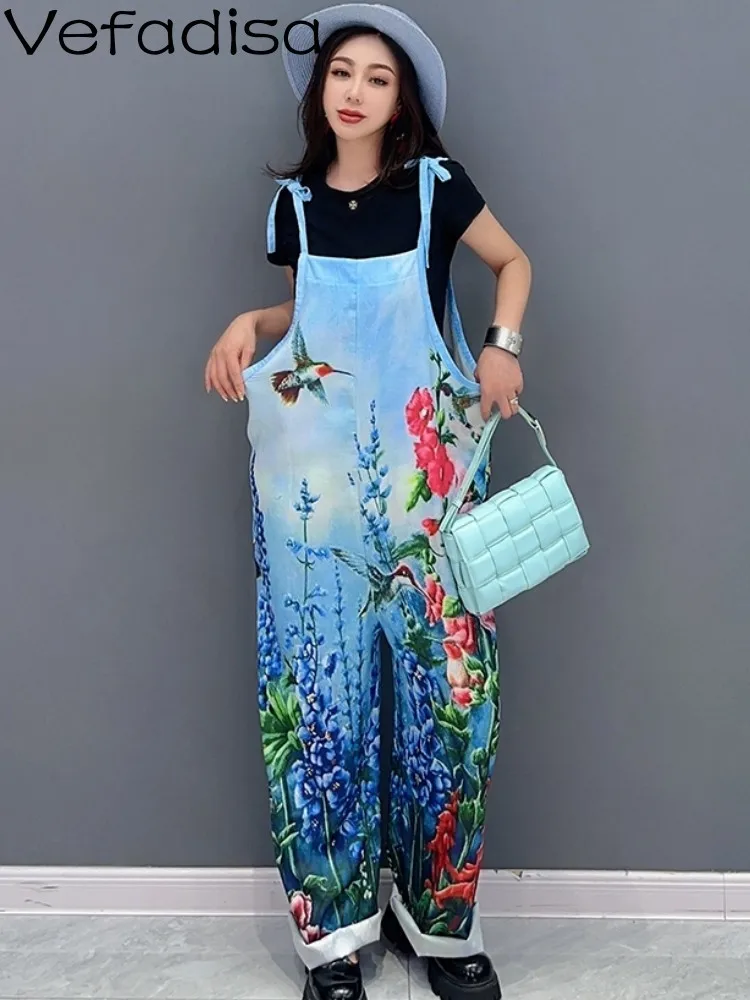 

Vefadisa 2023 Summer New Korean Style Casual Landscape Painting Creative Suspender Women Thin Blue Green Floral Jumpsuit ZXF277B