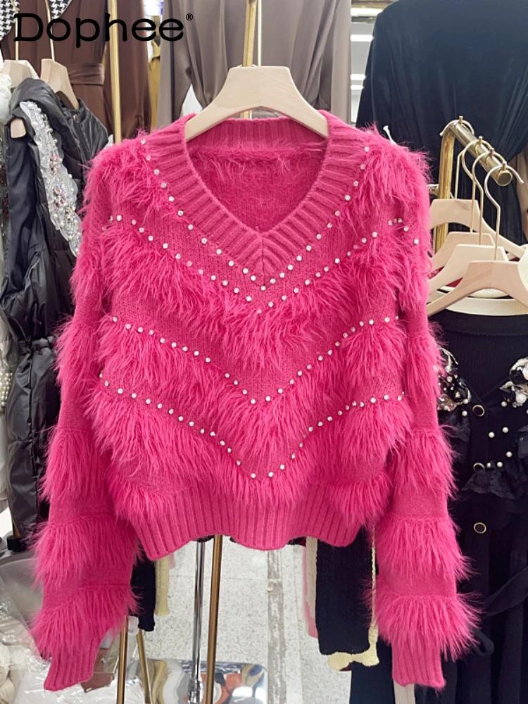 

Faux Mink Fur Long Sleeve Sweater 2023 Autumn Winter New V-neck Heavy Industry Rhinestone Beaded Furry Sweet Loose Sweater Women