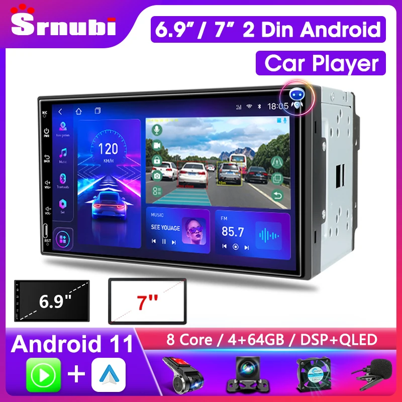 Srnubi 6.9" / 7″ 2 Din Android 11 Car Radio Multimedia Video Player Navigation GPS For Toyota Honda VW Nissan Wifi Bluetooth 4G