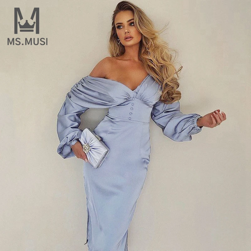 MSMUSI 2022 New Fashion Women Sexy Off The Shoulder V Neck Button Backless Long Sleeve Slit Bodycon Party Club Satin Midi Dress