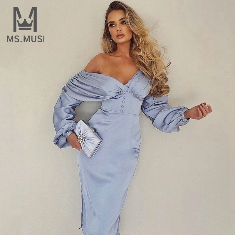 

MSMUSI 2022 New Fashion Women Sexy Off The Shoulder V Neck Button Backless Long Sleeve Slit Bodycon Party Club Satin Midi Dress