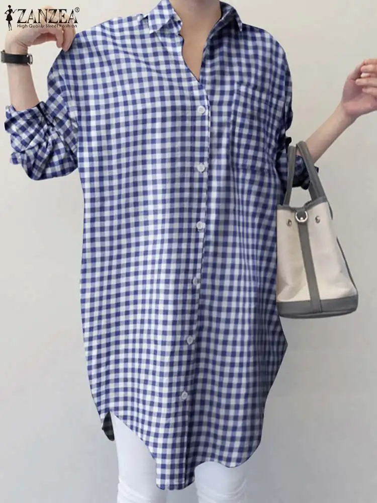

ZANZEA Fashion Women's Plaid Shirts OL 2022 Woman Clothes Long Sleeve Tops Casual Female Lapel Pockets Oversized Loose Blusas 1
