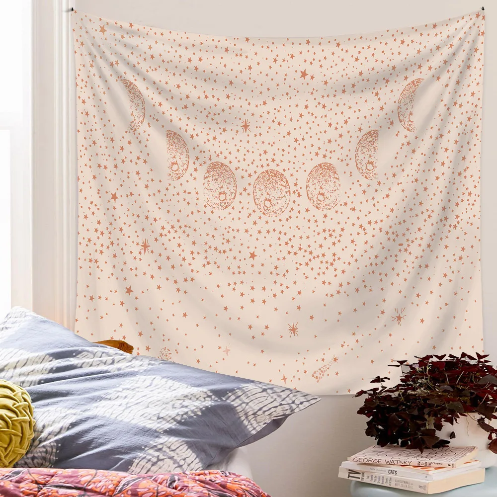 

Гобелен с Лунной фазой, Настенный декор для спальни, одеяло, звезды, фон в стиле бохо, розовая настенная роспись, декоративная ткань