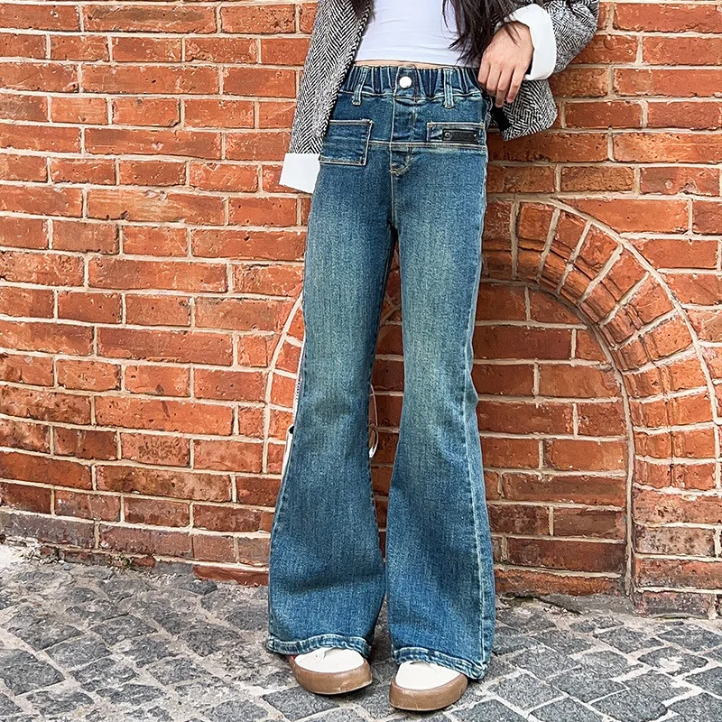 

Эксклюзивная одежда Y2K, украшенные карманами в стиле ретро, джинсы со средней посадкой, Модные расклешенные брюки для девушек, узкие джинсы в стиле 90-х