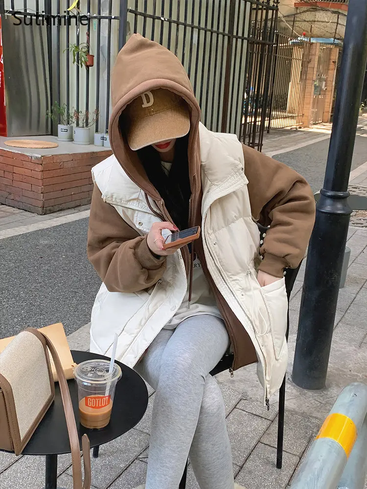 Coat Women Hooded Office Lady Color Contrast Mock Two-piece Winter Loose Korean Thickened Cotton Coat Pockets Winter Coat Women