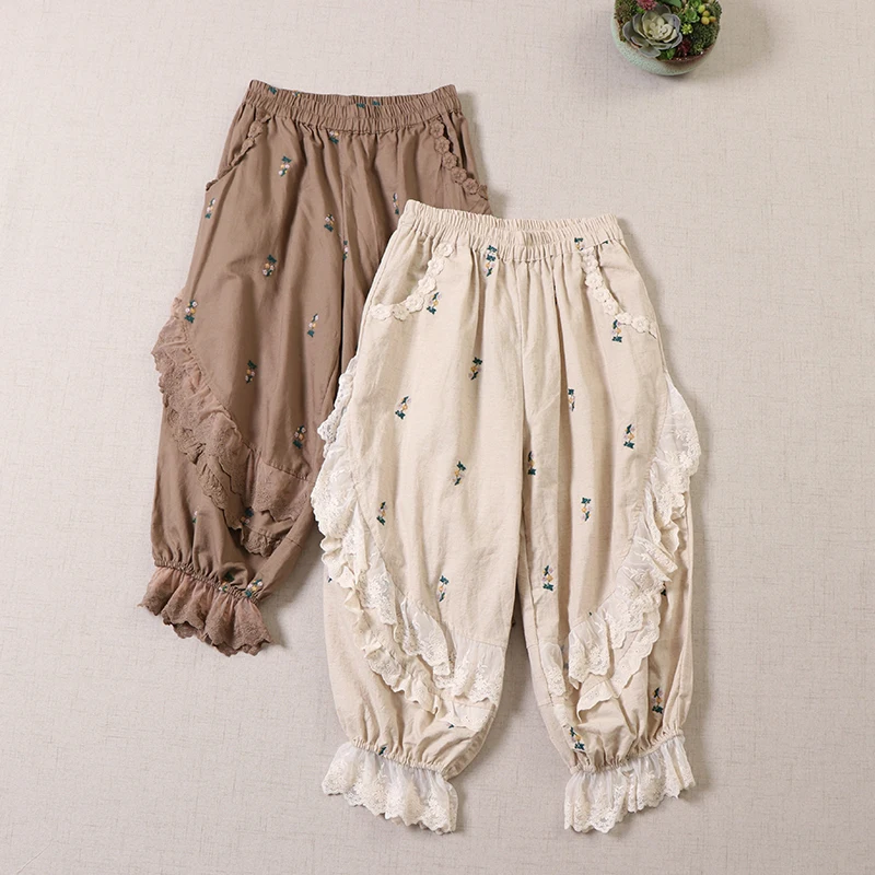 

Весенне-летние кружевные хлопковые льняные шаровары в японском стиле Mori Girl свободные однотонные повседневные брюки с эластичным поясом