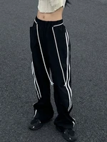 sunny y j fall black pants side fluorescent stripe patchwork color high waist joggers women casual drawstring sweatpants