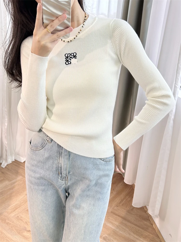 

Embroidery Round Neck Pullover 2023 Autumn New Fashion Casual Stretch Slim Long-sleeved Knitted Bottoming Sweater Jumper