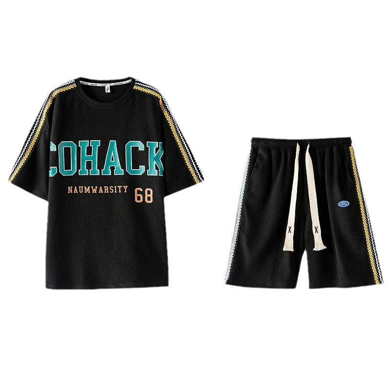 Men's Set 2 Pieces Summer Shorts and T-Shirt with Side Tape New in Matching Sets Short Sleeve Tee Sports Tracksuit Luxury Suit